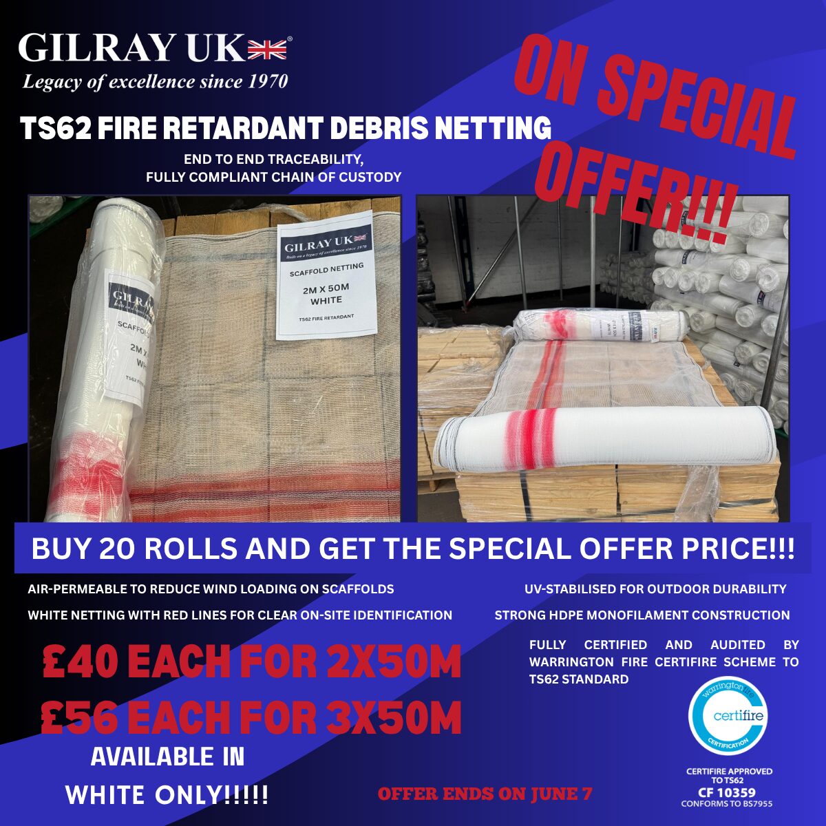 Special offer on TS62 fire retardant white debris netting rolls at Gilray UK Ltd warehouse