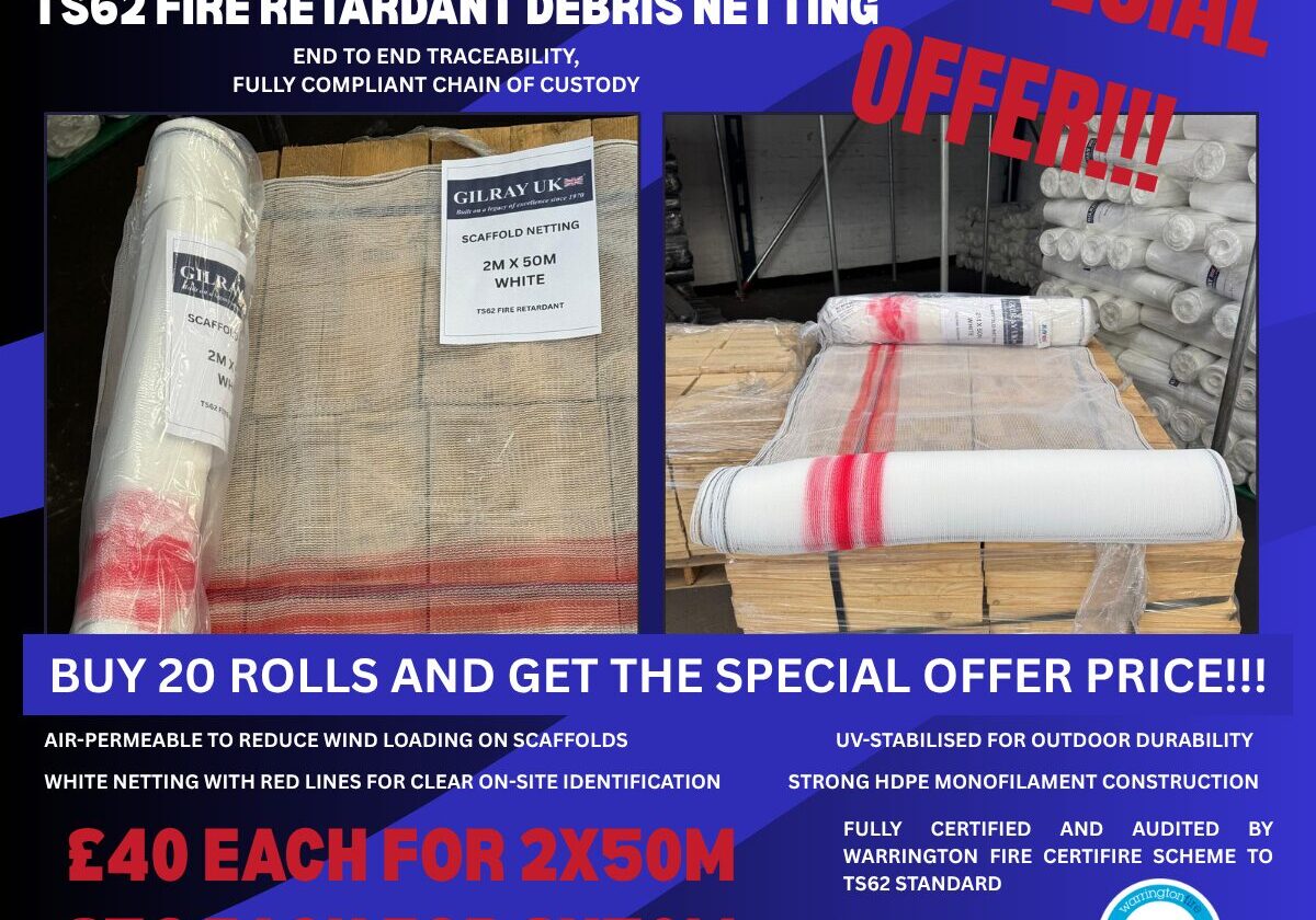 Special offer on TS62 fire retardant white debris netting rolls at Gilray UK Ltd warehouse